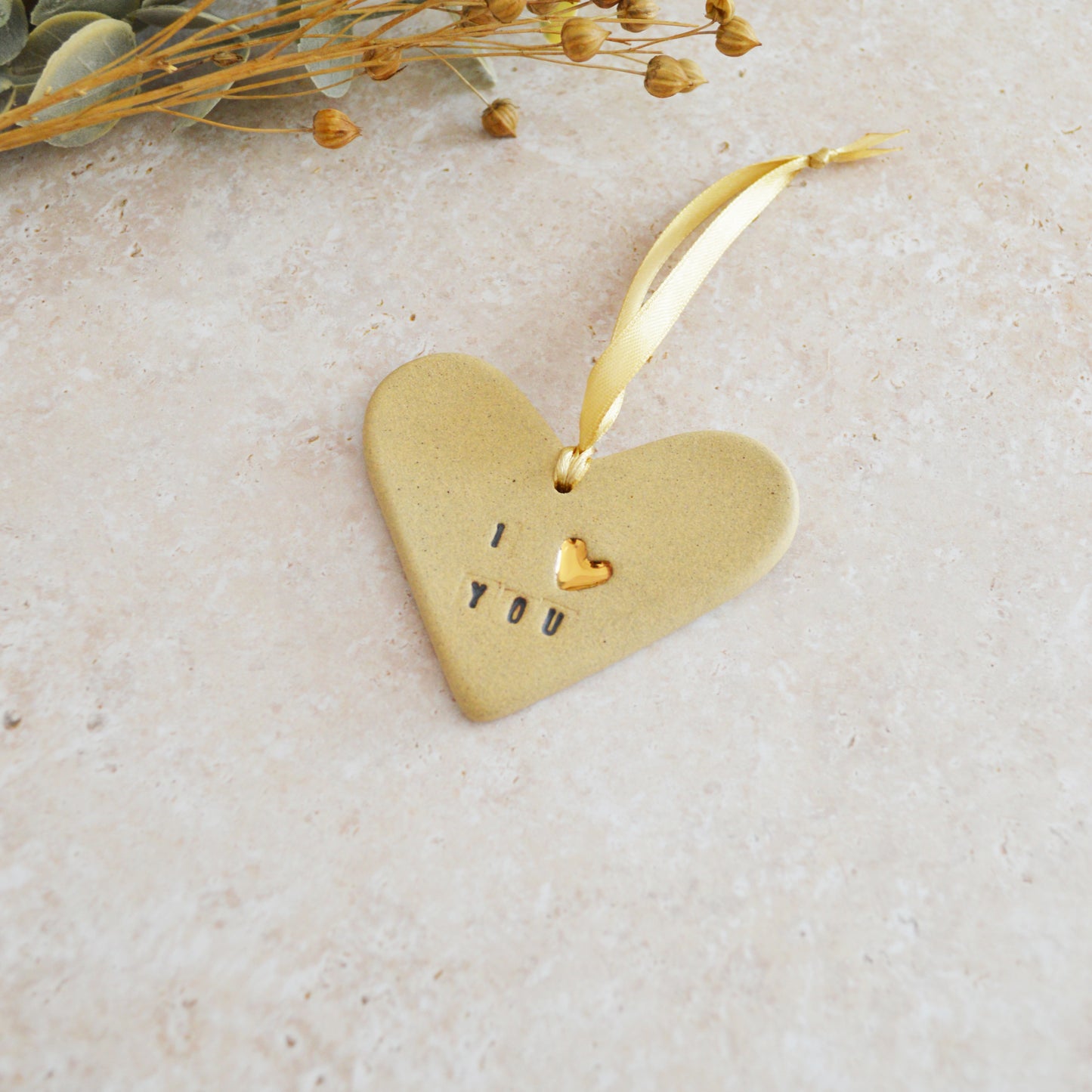 Sample* I Love You Heart With A Gold Heart | Sand | Stoneware | Hanging Heart Decoration | Valentines Keepsake (B70)
