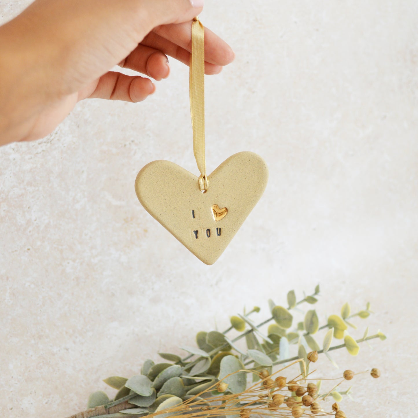 Sample* I Love You Heart With A Gold Heart | Sand | Stoneware | Hanging Heart Decoration | Valentines Keepsake (B70)