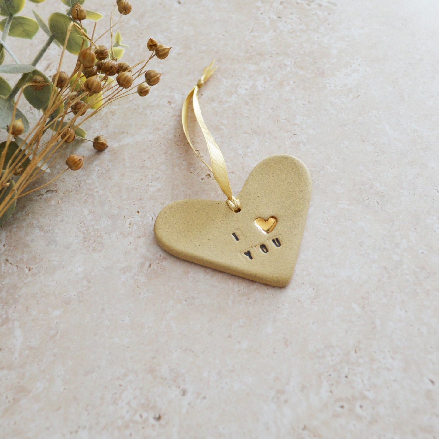 Sample* I Love You Heart With A Gold Heart | Sand | Stoneware | Hanging Heart Decoration | Valentines Keepsake (B70)
