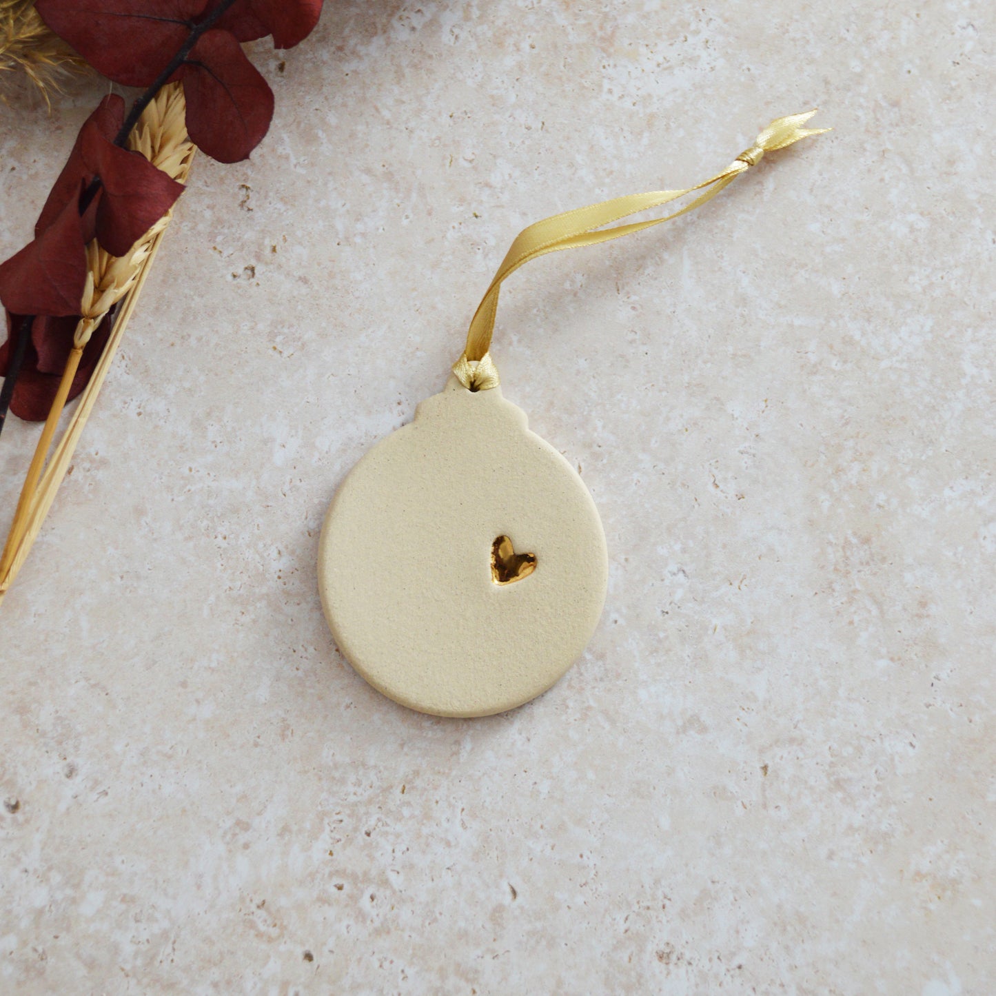 Sample* Flat Bauble Hanging Decoration With A Gold Heart | Cream | Stoneware | Hanging Christmas Decorations | Christmas Tree Decor (B71)