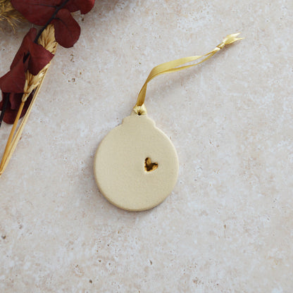 Sample* Flat Bauble Hanging Decoration With A Gold Heart | Cream | Stoneware | Hanging Christmas Decorations | Christmas Tree Decor (B71)