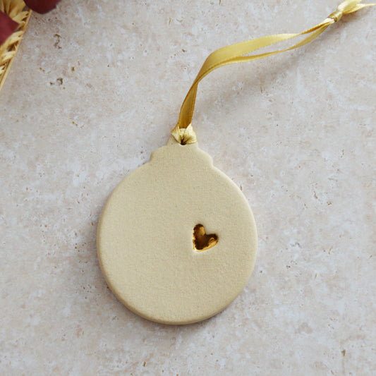 Sample* Flat Bauble Hanging Decoration With A Gold Heart | Cream | Stoneware | Hanging Christmas Decorations | Christmas Tree Decor (B71)