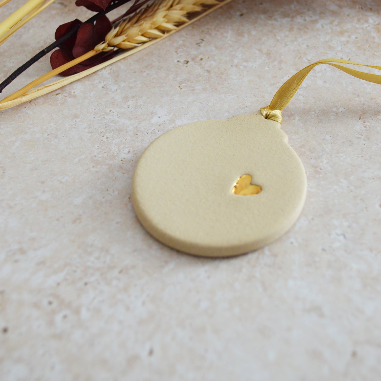 Sample* Flat Bauble Hanging Decoration With A Gold Heart | Cream | Stoneware | Hanging Christmas Decorations | Christmas Tree Decor (B71)