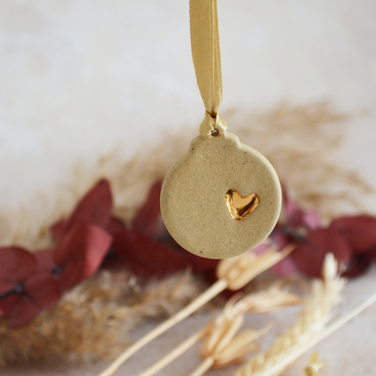Sample* Mini Bauble Hanging Decoration With A Gold Heart | Sand | Stoneware | Hanging Christmas Decorations | Mini Christmas Tree Decor (B72)
