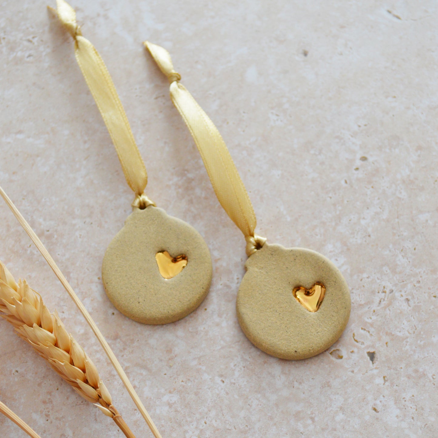 Sample* Mini Bauble Hanging Decoration With A Gold Heart | Sand | Stoneware | Hanging Christmas Decorations | Mini Christmas Tree Decor (B72)