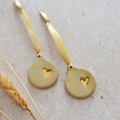Sample* Mini Bauble Hanging Decoration With A Gold Heart | Sand | Stoneware | Hanging Christmas Decorations | Mini Christmas Tree Decor (B72)