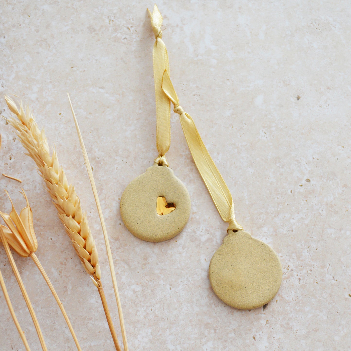 Sample* Mini Bauble Hanging Decoration With A Gold Heart | Sand | Stoneware | Hanging Christmas Decorations | Mini Christmas Tree Decor (B72)