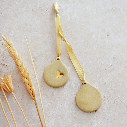 Sample* Mini Bauble Hanging Decoration With A Gold Heart | Sand | Stoneware | Hanging Christmas Decorations | Mini Christmas Tree Decor (B72)