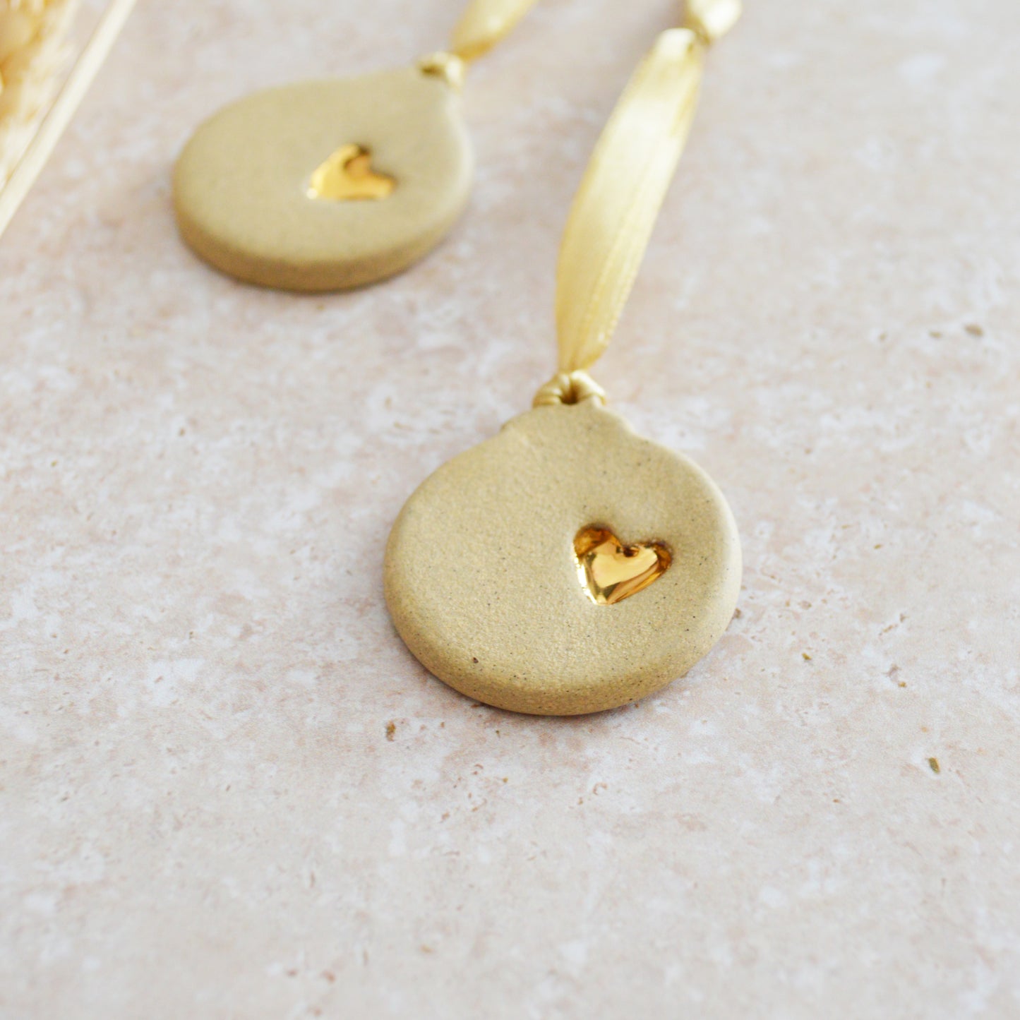 Sample* Mini Bauble Hanging Decoration With A Gold Heart | Sand | Stoneware | Hanging Christmas Decorations | Mini Christmas Tree Decor (B72)