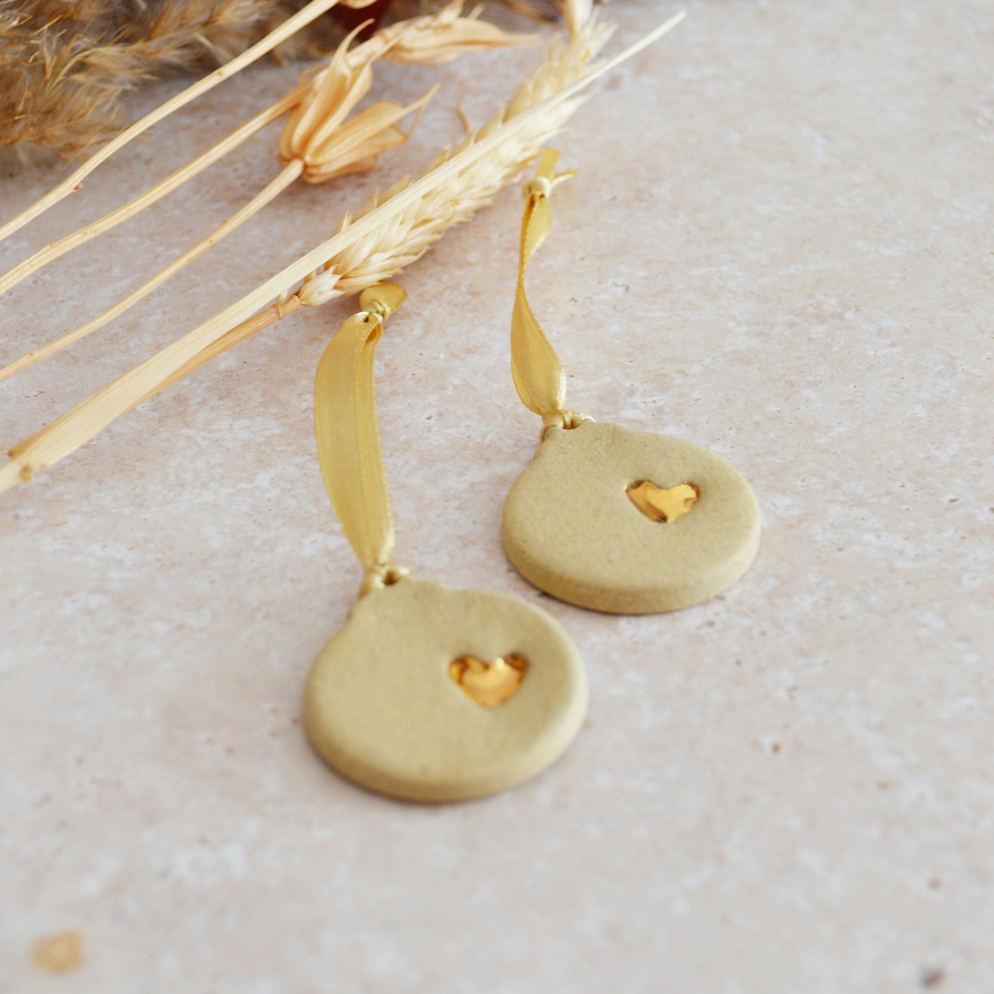 Sample* Mini Bauble Hanging Decoration With A Gold Heart | Sand | Stoneware | Hanging Christmas Decorations | Mini Christmas Tree Decor (B72)