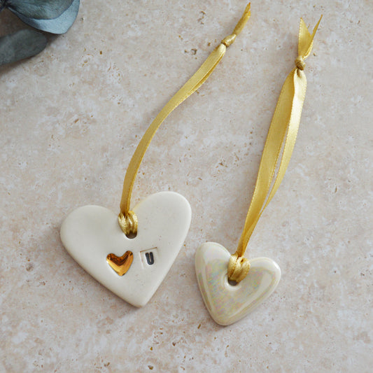 Seconds* Mini Hanging Heart Tags (Pair) | Love You Heart Tag With A Mini Pearl Heart Tag | Valentine's Gift | Porcelain (B73)