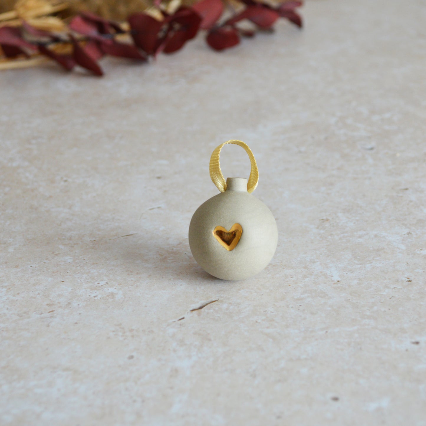 Seconds* GREY Mini Pastel Bauble With A Gold Heart | Stoneware | Hanging Christmas Decorations | Christmas Tree Decor (B75)