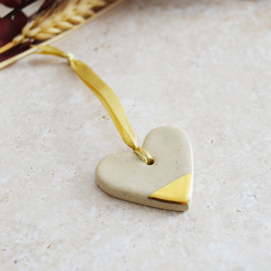 Sample* Mini Hanging Heart Tag | Glazed Speckled Beige | Mini Heart With Gold Tip | Valentine's Gift | Stoneware (B76)