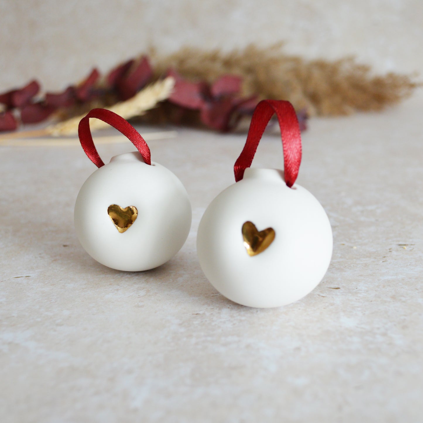Seconds* Discontinued* A Pair of Porcelain Christmas Bauble With A Gold Embossed Heart | Christmas Decoration | Christmas Tree Decoration (B79)