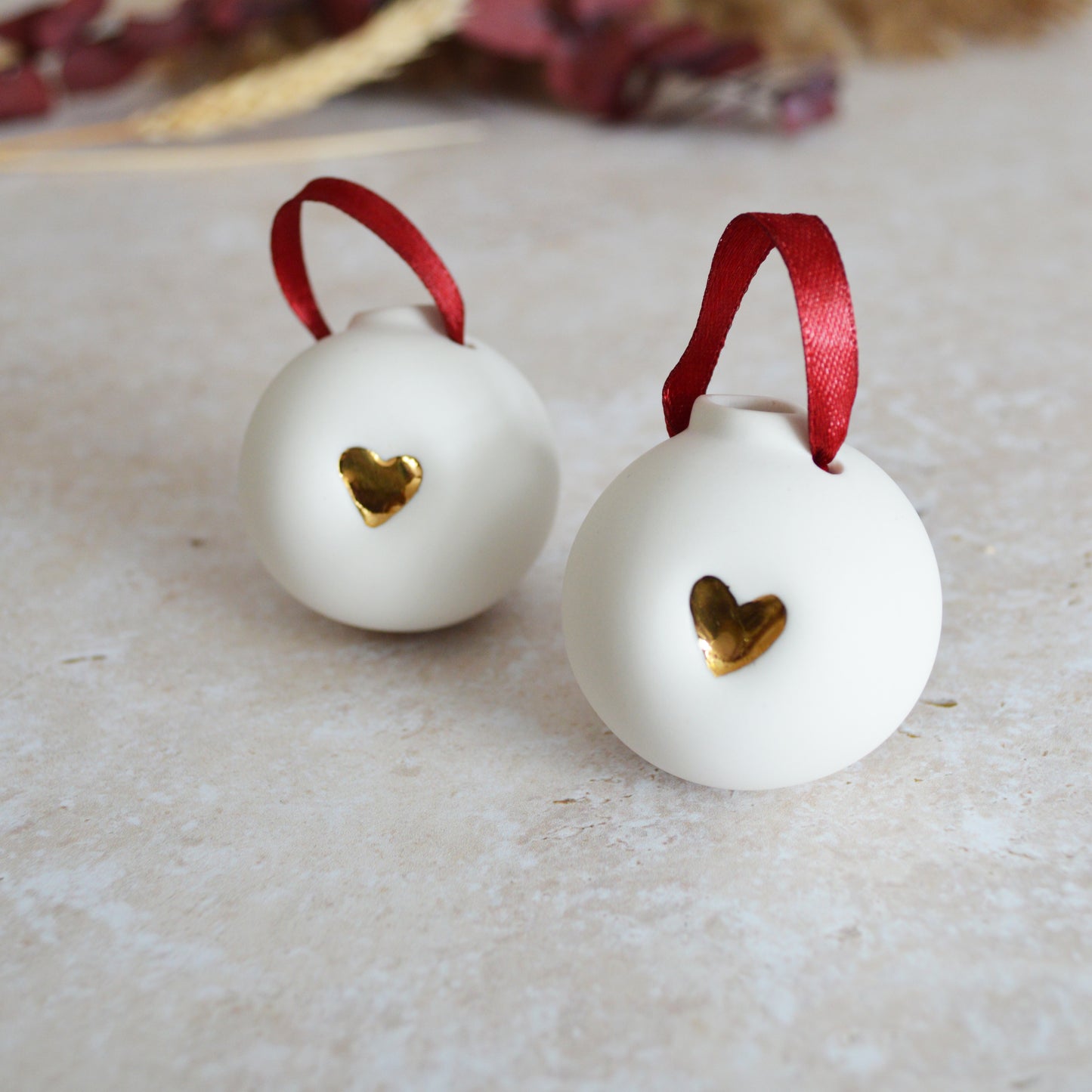 Seconds* Discontinued* A Pair of Porcelain Christmas Bauble With A Gold Embossed Heart | Christmas Decoration | Christmas Tree Decoration (B79)