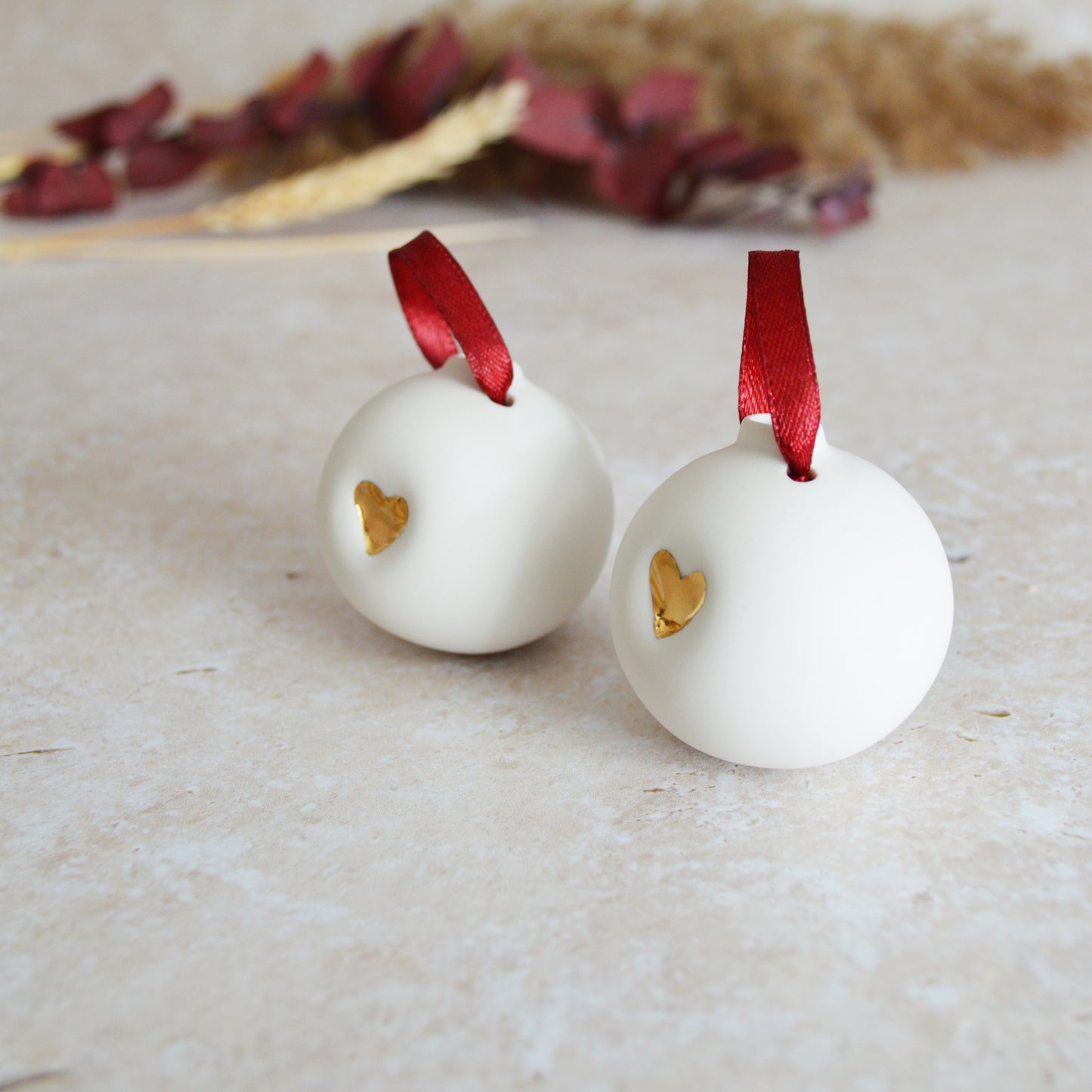 Seconds* Discontinued* A Pair of Porcelain Christmas Bauble With A Gold Embossed Heart | Christmas Decoration | Christmas Tree Decoration (B79)