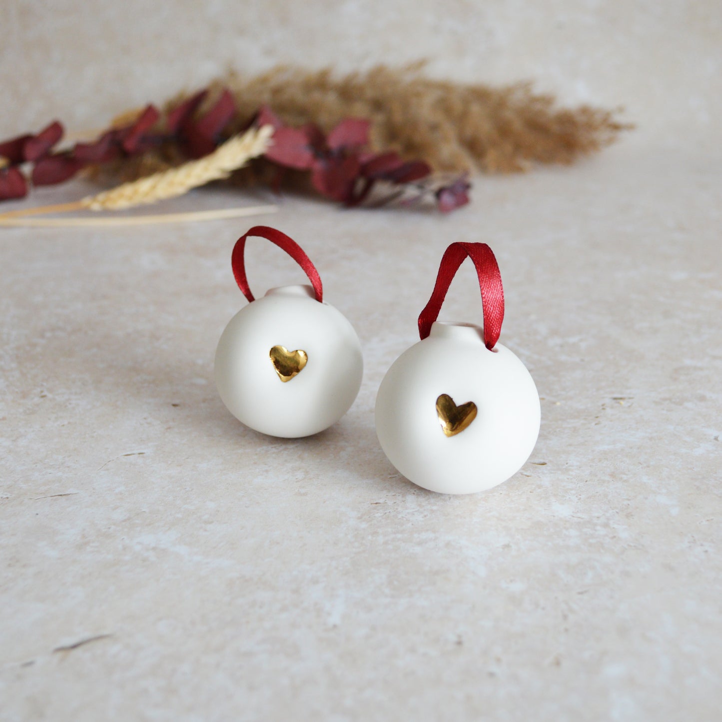 Seconds* Discontinued* A Pair of Porcelain Christmas Bauble With A Gold Embossed Heart | Christmas Decoration | Christmas Tree Decoration (B79)