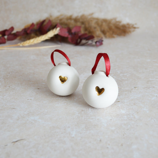 Seconds* Discontinued* A Pair of Porcelain Christmas Bauble With A Gold Embossed Heart | Christmas Decoration | Christmas Tree Decoration (B79)