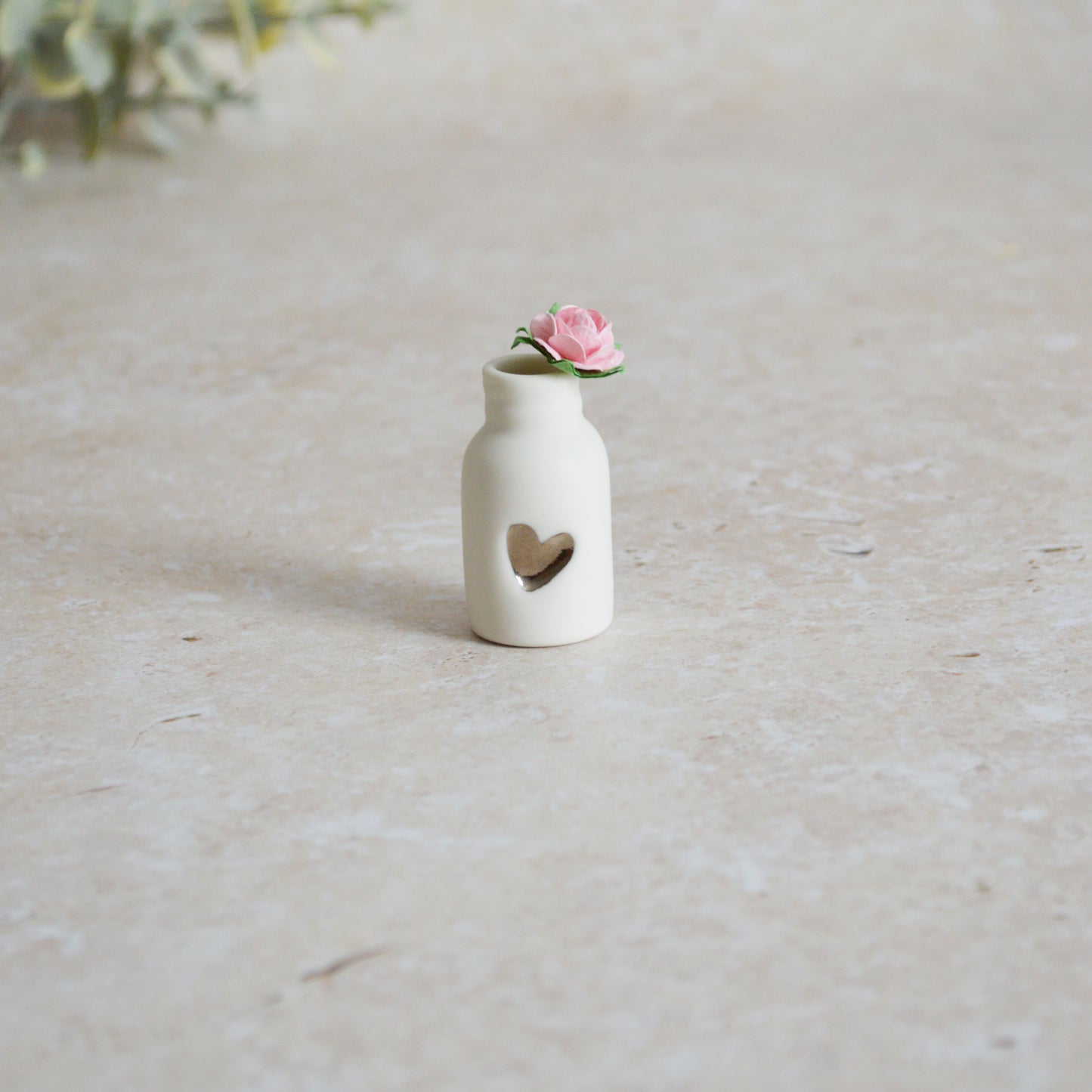 Seconds* Mini Bottle with An Embossed Silver Heart and a Pink Paper Rose | Valentine's Gifts | Porcelain (B7)