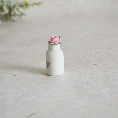 Seconds* Mini Bottle with An Embossed Silver Heart and a Pink Paper Rose | Valentine's Gifts | Porcelain (B7)