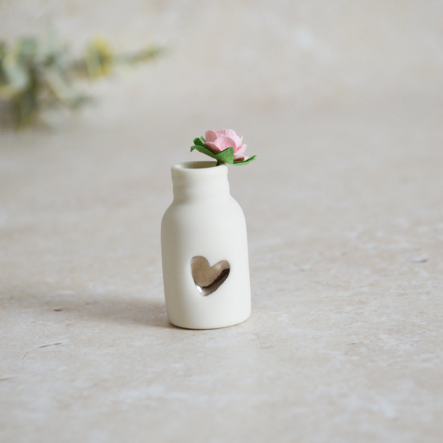 Seconds* Mini Bottle with An Embossed Silver Heart and a Pink Paper Rose | Valentine's Gifts | Porcelain (B7)