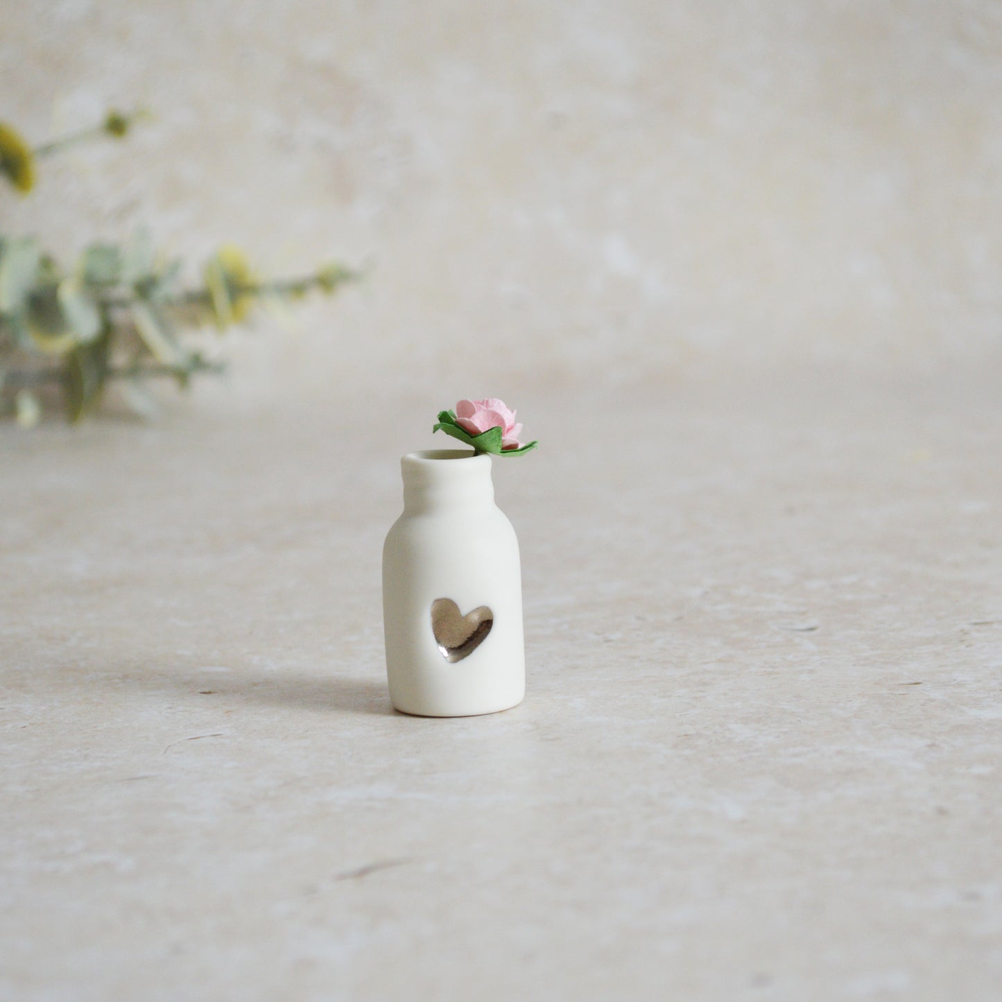 Seconds* Mini Bottle with An Embossed Silver Heart and a Pink Paper Rose | Valentine's Gifts | Porcelain (B7)