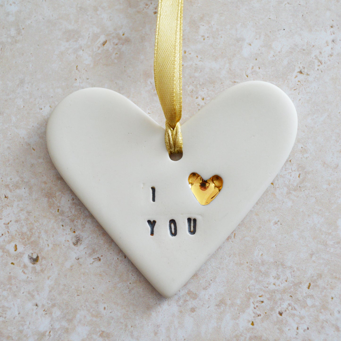 Seconds* I Love You Heart With A Gold Heart | Porcelain | Hanging Heart Decoration | Valentines Keepsake (B80)