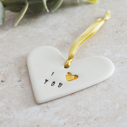Seconds* I Love You Heart With A Gold Heart | Porcelain | Hanging Heart Decoration | Valentines Keepsake (B80)