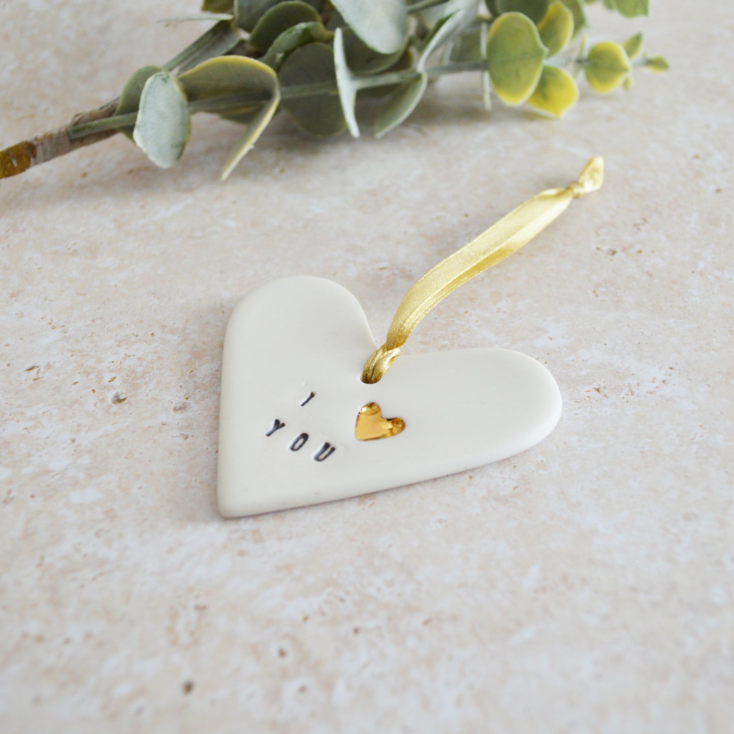Seconds* I Love You Heart With A Gold Heart | Porcelain | Hanging Heart Decoration | Valentines Keepsake (B80)