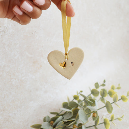 Sample* Mini Hanging Heart U Tag | Beige | Love You Heart Tag With A Mini Pearl Heart Tag | Valentine's Gift | Stoneware (B81)