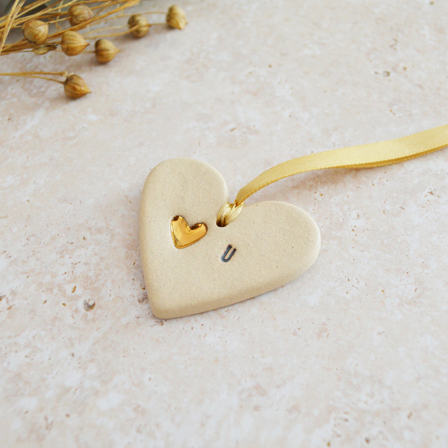 Sample* Mini Hanging Heart U Tag | Beige | Love You Heart Tag With A Mini Pearl Heart Tag | Valentine's Gift | Stoneware (B81)