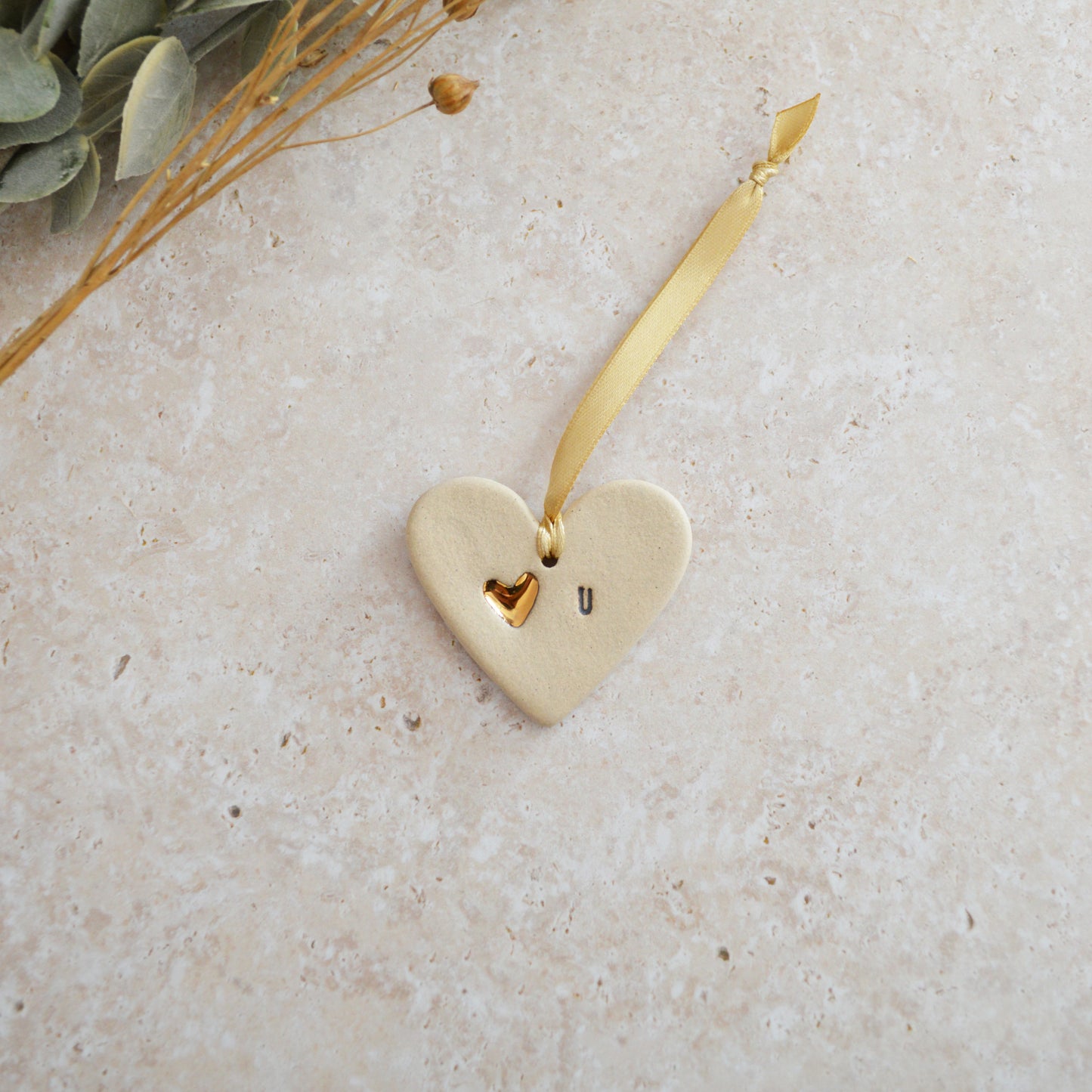 Sample* Mini Hanging Heart U Tag | Beige | Love You Heart Tag With A Mini Pearl Heart Tag | Valentine's Gift | Stoneware (B81)