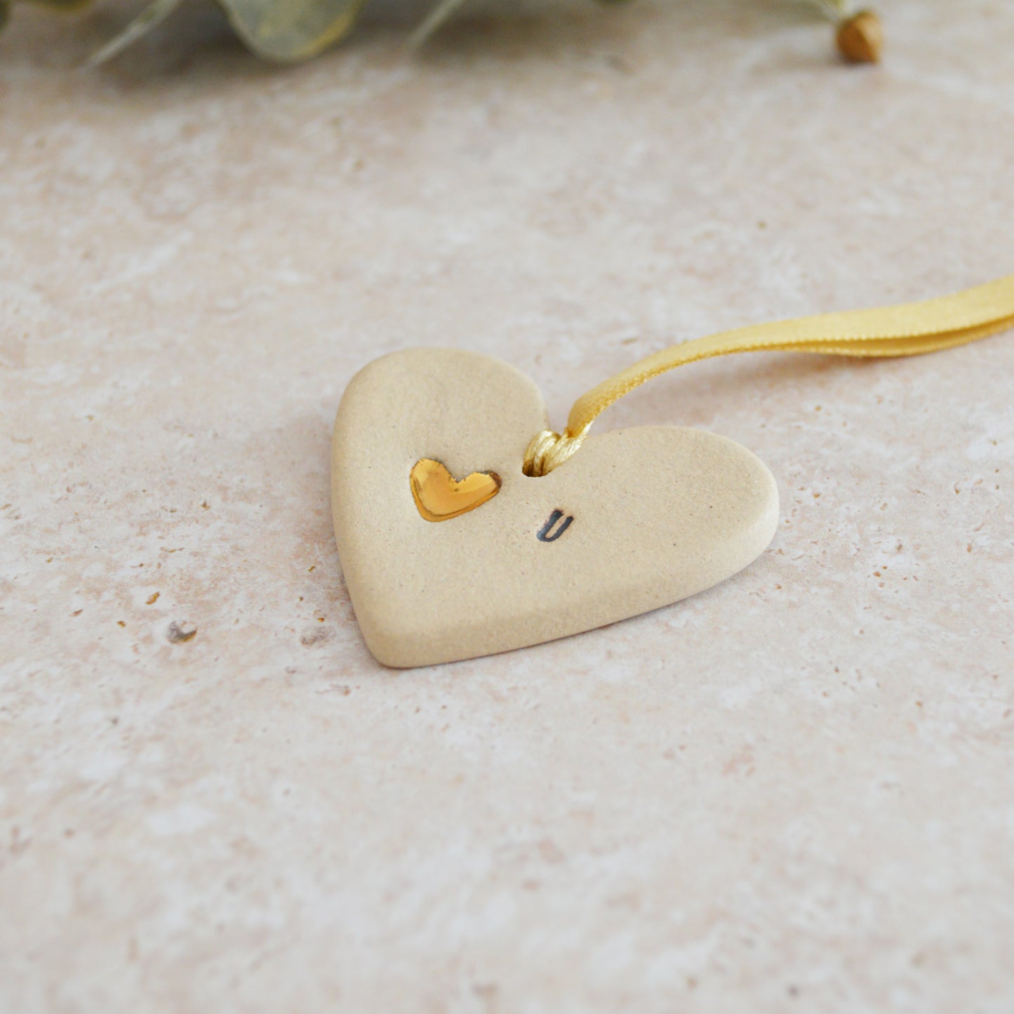 Sample* Mini Hanging Heart U Tag | Beige | Love You Heart Tag With A Mini Pearl Heart Tag | Valentine's Gift | Stoneware (B81)