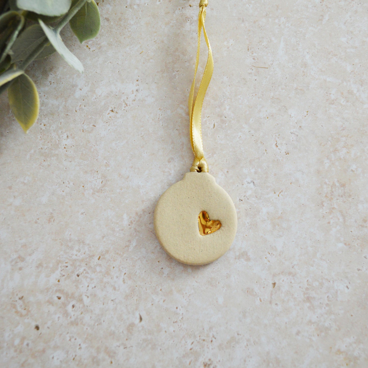 Seconds* Sample* Mini Bauble Hanging Decoration With A Gold Heart | Beige | Stoneware | Hanging Christmas Decorations | Mini Christmas Tree Decor (B82)