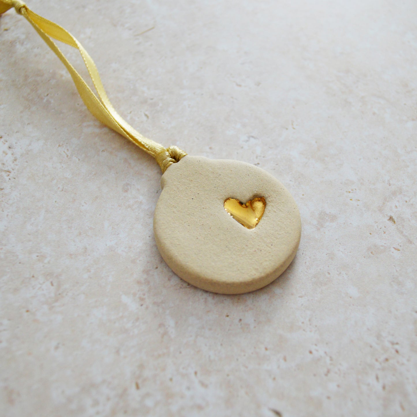 Seconds* Sample* Mini Bauble Hanging Decoration With A Gold Heart | Beige | Stoneware | Hanging Christmas Decorations | Mini Christmas Tree Decor (B82)