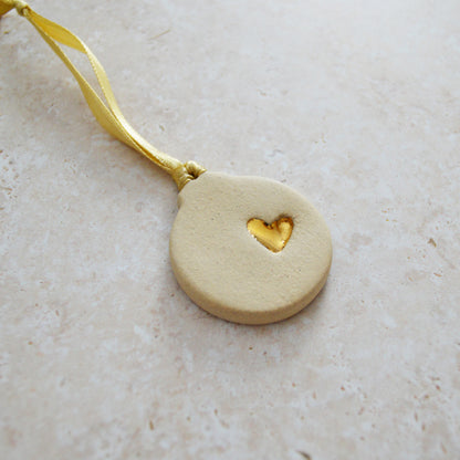 Seconds* Sample* Mini Bauble Hanging Decoration With A Gold Heart | Beige | Stoneware | Hanging Christmas Decorations | Mini Christmas Tree Decor (B82)