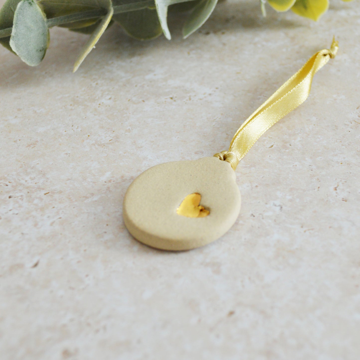 Seconds* Sample* Mini Bauble Hanging Decoration With A Gold Heart | Beige | Stoneware | Hanging Christmas Decorations | Mini Christmas Tree Decor (B82)