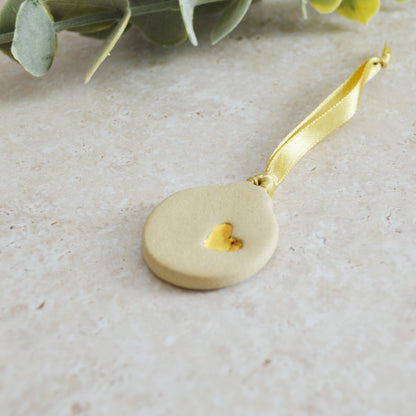 Seconds* Sample* Mini Bauble Hanging Decoration With A Gold Heart | Beige | Stoneware | Hanging Christmas Decorations | Mini Christmas Tree Decor (B82)