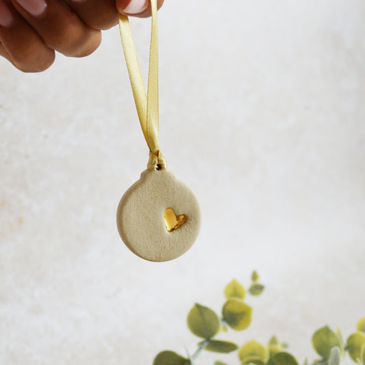 Seconds* Sample* Mini Bauble Hanging Decoration With A Gold Heart | Beige | Stoneware | Hanging Christmas Decorations | Mini Christmas Tree Decor (B82)
