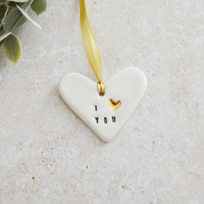 Seconds* I Love You Heart With A Gold Heart | Porcelain | Hanging Heart Decoration | Valentines Keepsake (B83)