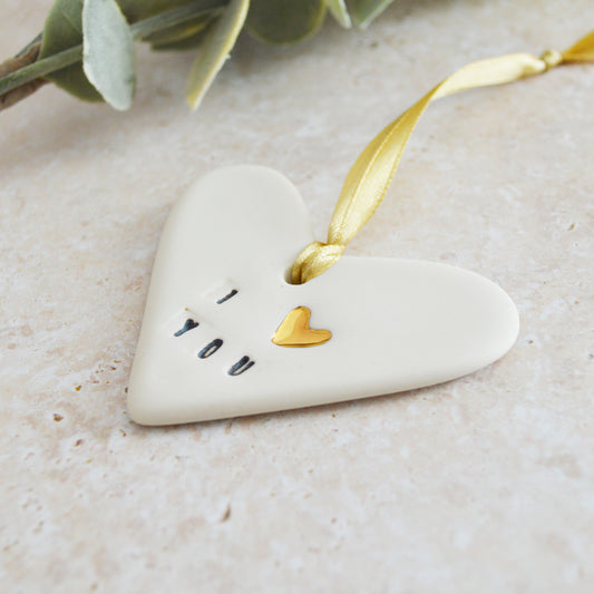 Seconds* I Love You Heart With A Gold Heart | Porcelain | Hanging Heart Decoration | Valentines Keepsake (B83)