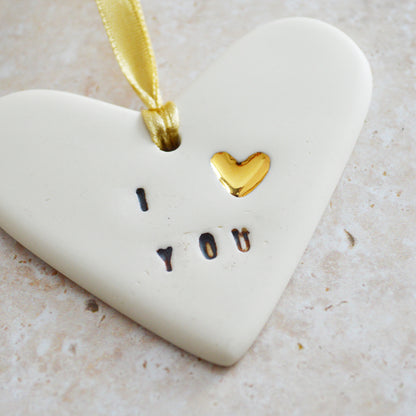 Seconds* I Love You Heart With A Gold Heart | Porcelain | Hanging Heart Decoration | Valentines Keepsake (B85)
