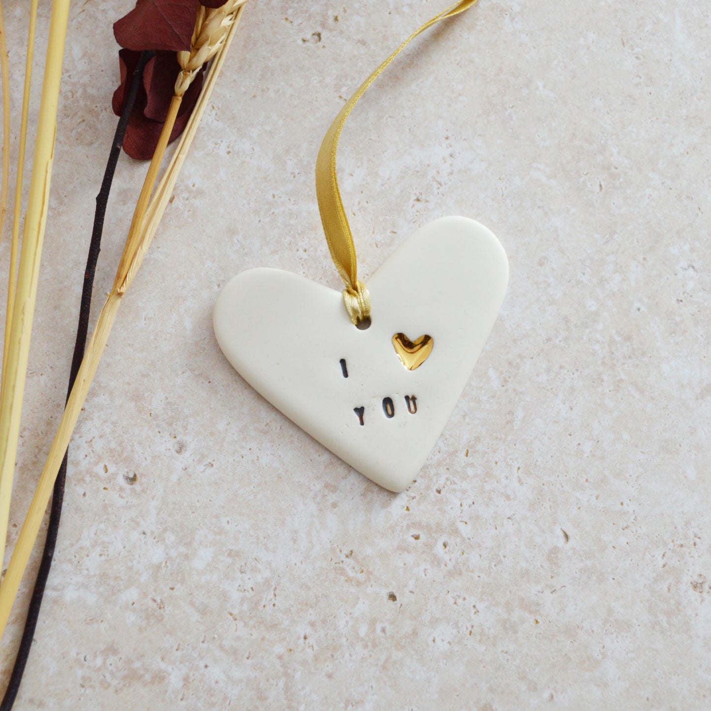 Seconds* I Love You Heart With A Gold Heart | Porcelain | Hanging Heart Decoration | Valentines Keepsake (B85)