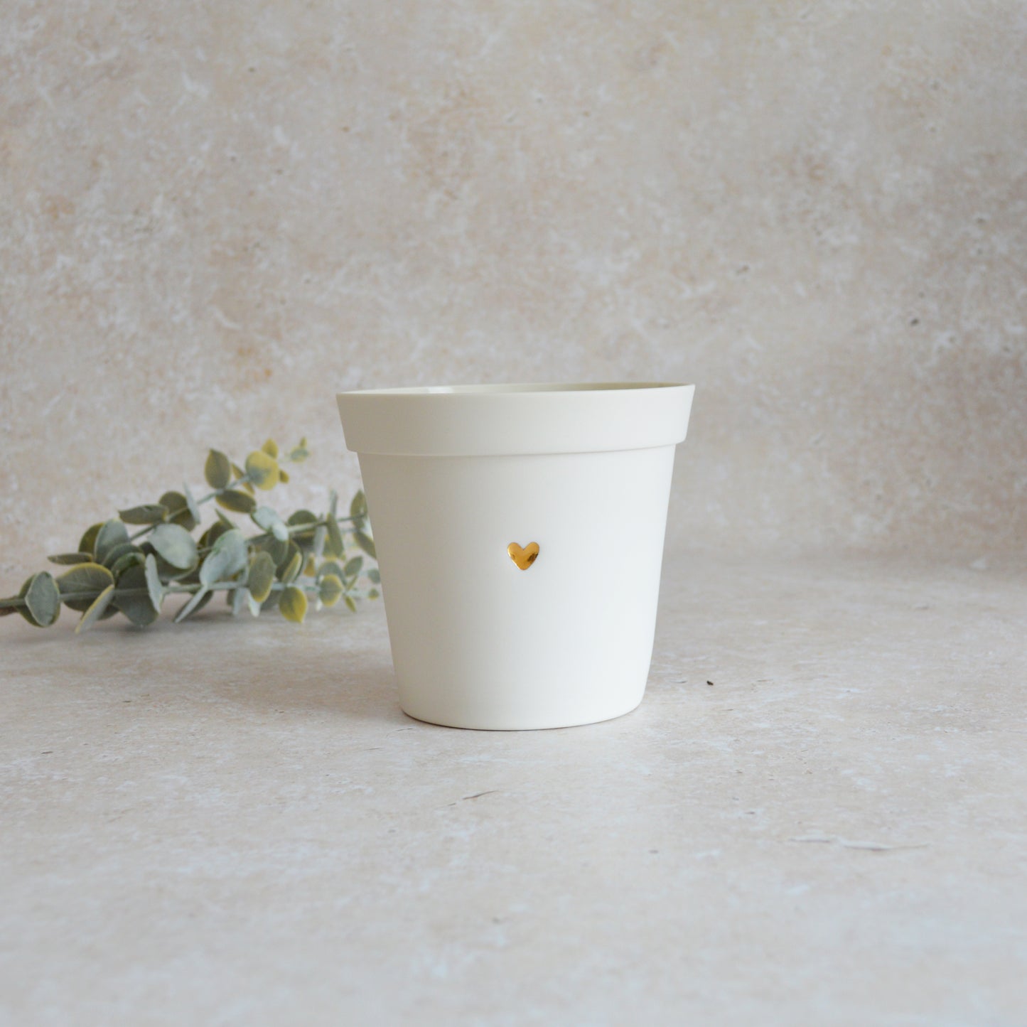 Discontinued* Small Flower Pot With A Gold Heart Made From Porcelain | Flower Pot | White Flower Pot | Porcelain (B86)