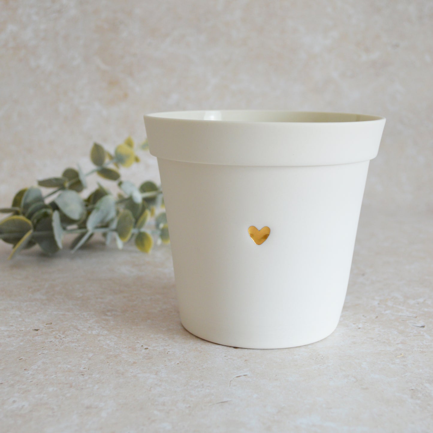 Discontinued* Small Flower Pot With A Gold Heart Made From Porcelain | Flower Pot | White Flower Pot | Porcelain (B86)