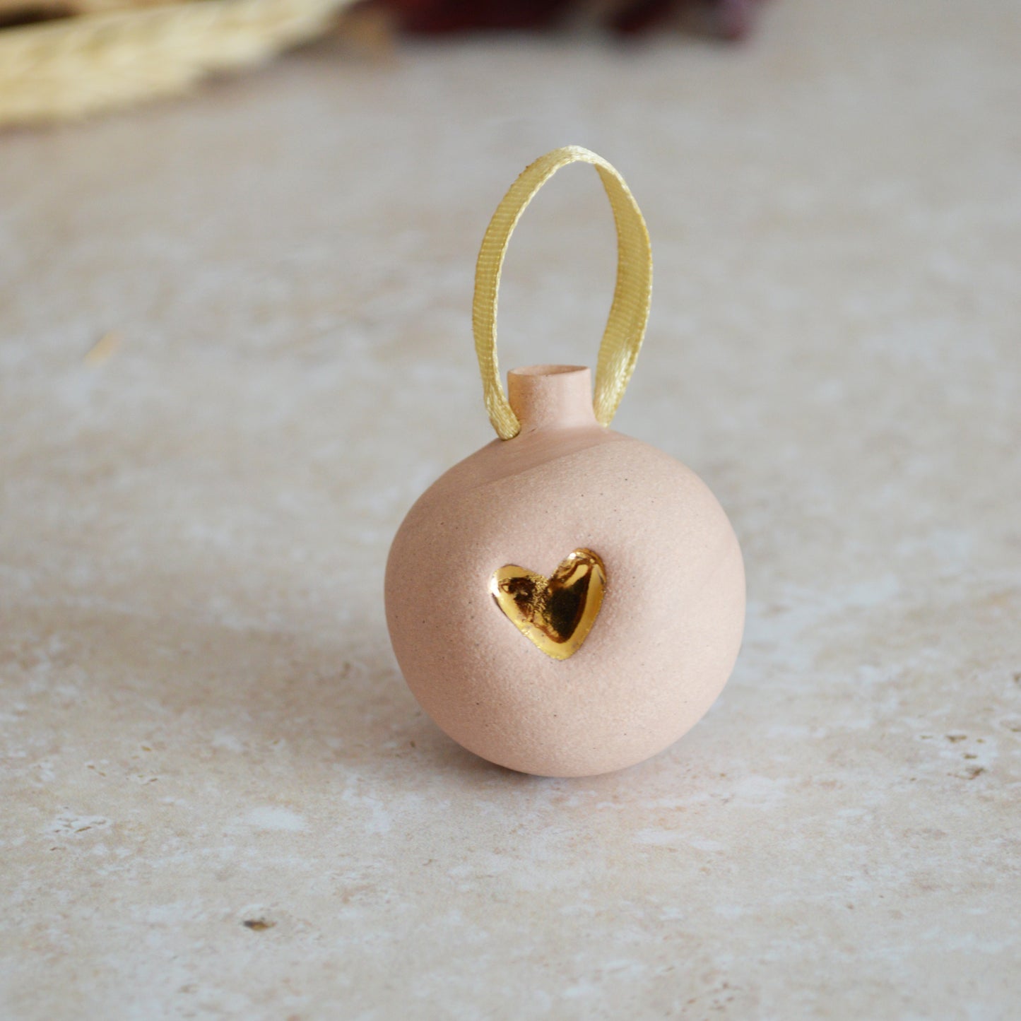 Seconds* PINK Mini Pastel Bauble With A Gold Heart | Stoneware | Hanging Christmas Decorations | Christmas Tree Decor (B88)