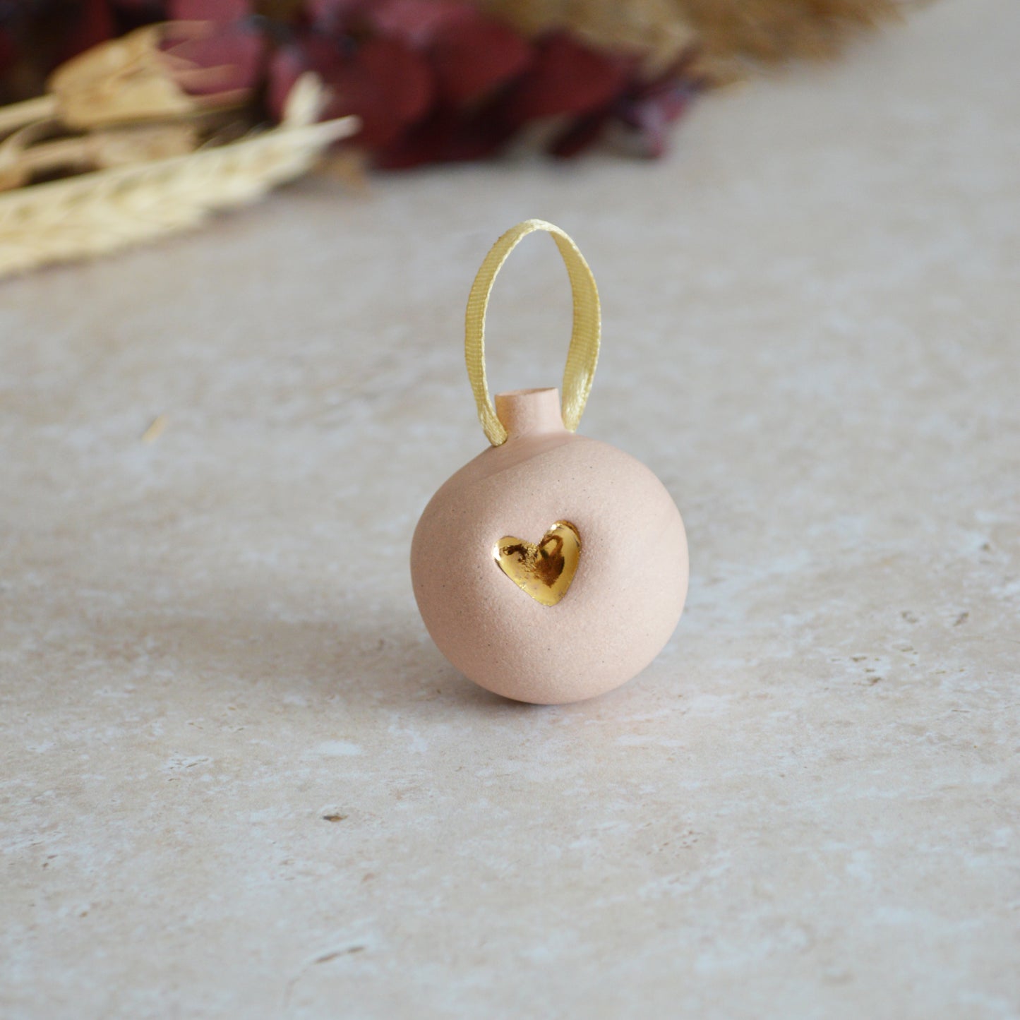 Seconds* PINK Mini Pastel Bauble With A Gold Heart | Stoneware | Hanging Christmas Decorations | Christmas Tree Decor (B88)