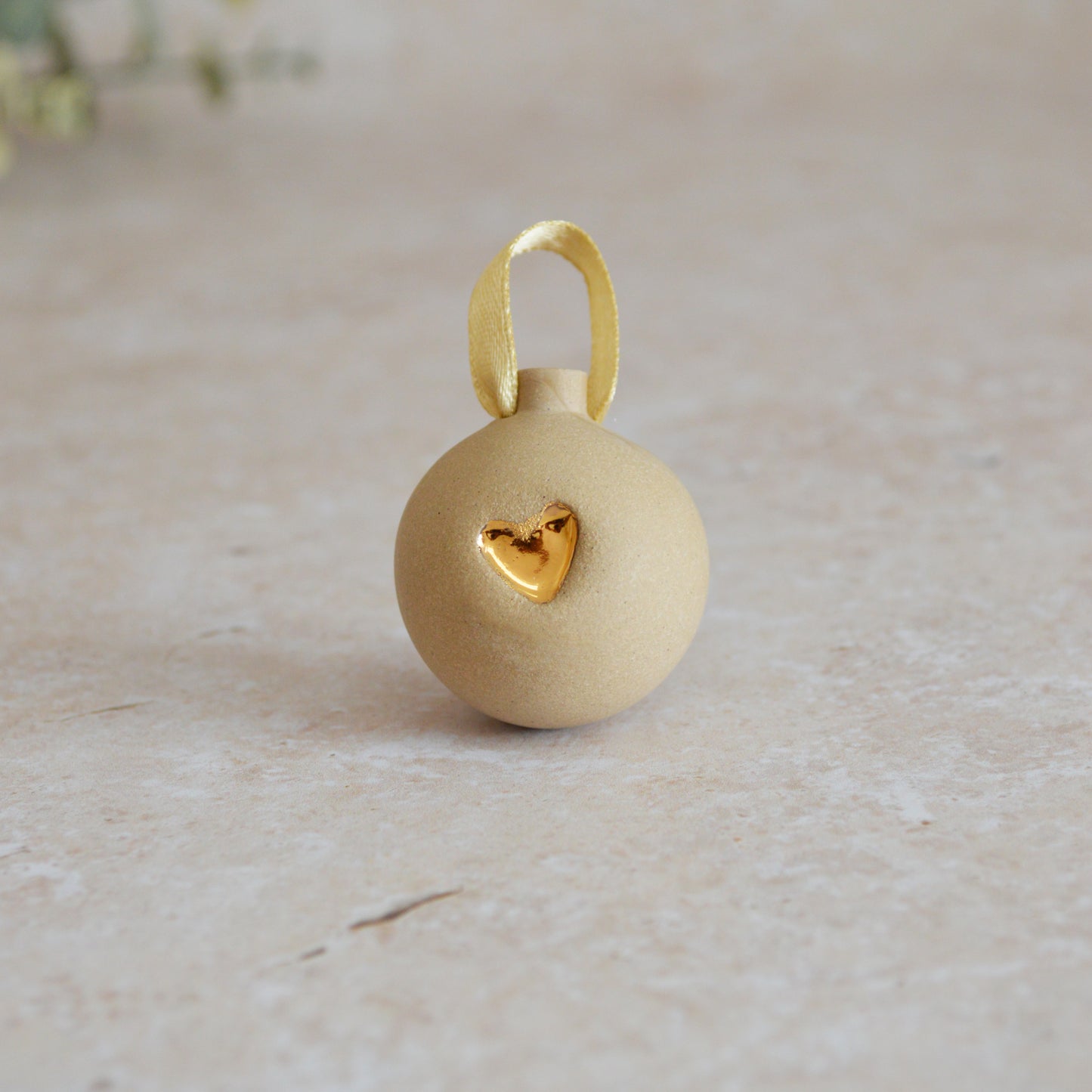 Seconds* BROWN Mini Pastel Bauble With A Gold Heart | Stoneware | Hanging Christmas Decorations | Christmas Tree Decor (B90)