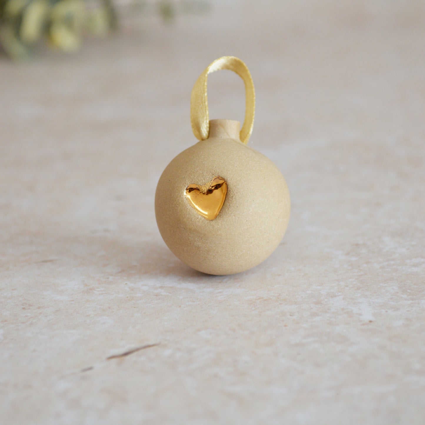 Seconds* BROWN Mini Pastel Bauble With A Gold Heart | Stoneware | Hanging Christmas Decorations | Christmas Tree Decor (B90)