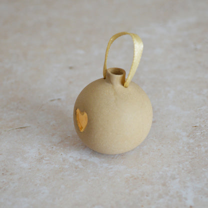 Seconds* BROWN Mini Pastel Bauble With A Gold Heart | Stoneware | Hanging Christmas Decorations | Christmas Tree Decor (B90)